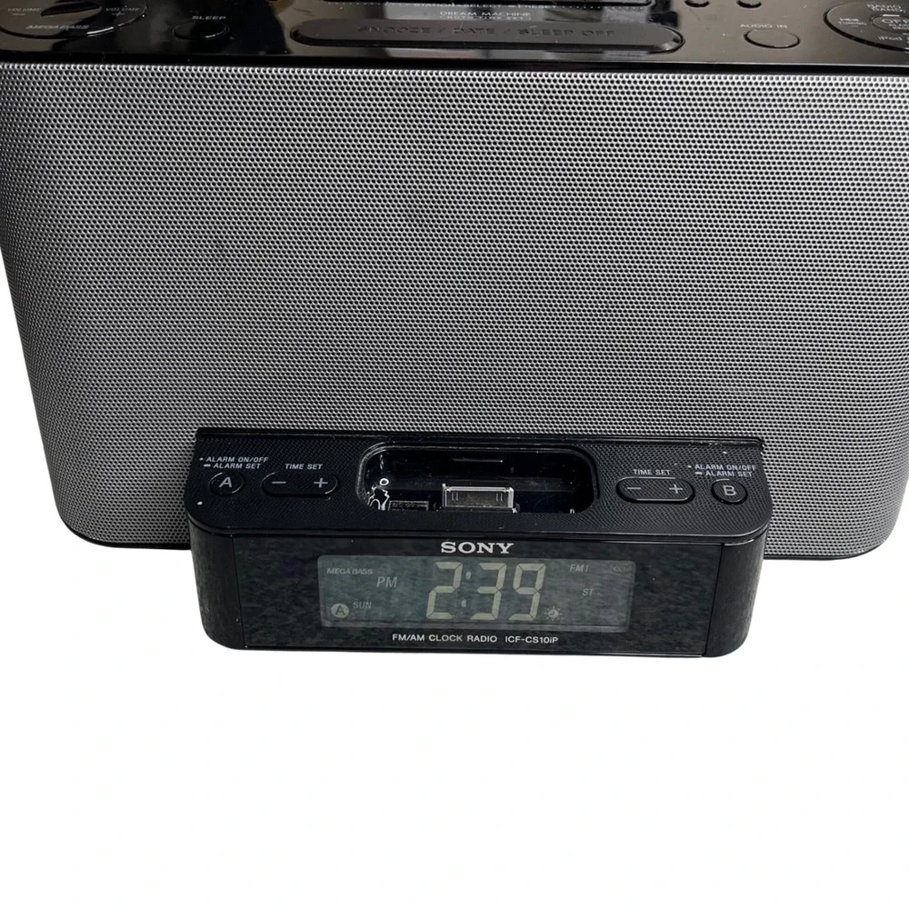 Sony Clock Radio ICF-CS10iP Black Silver iPod iPhone 30-Pin DockDual Alarm FM AM